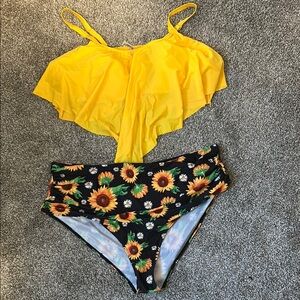 Yellow Ruffled Bikini Top with Sunflower Print Bottoms